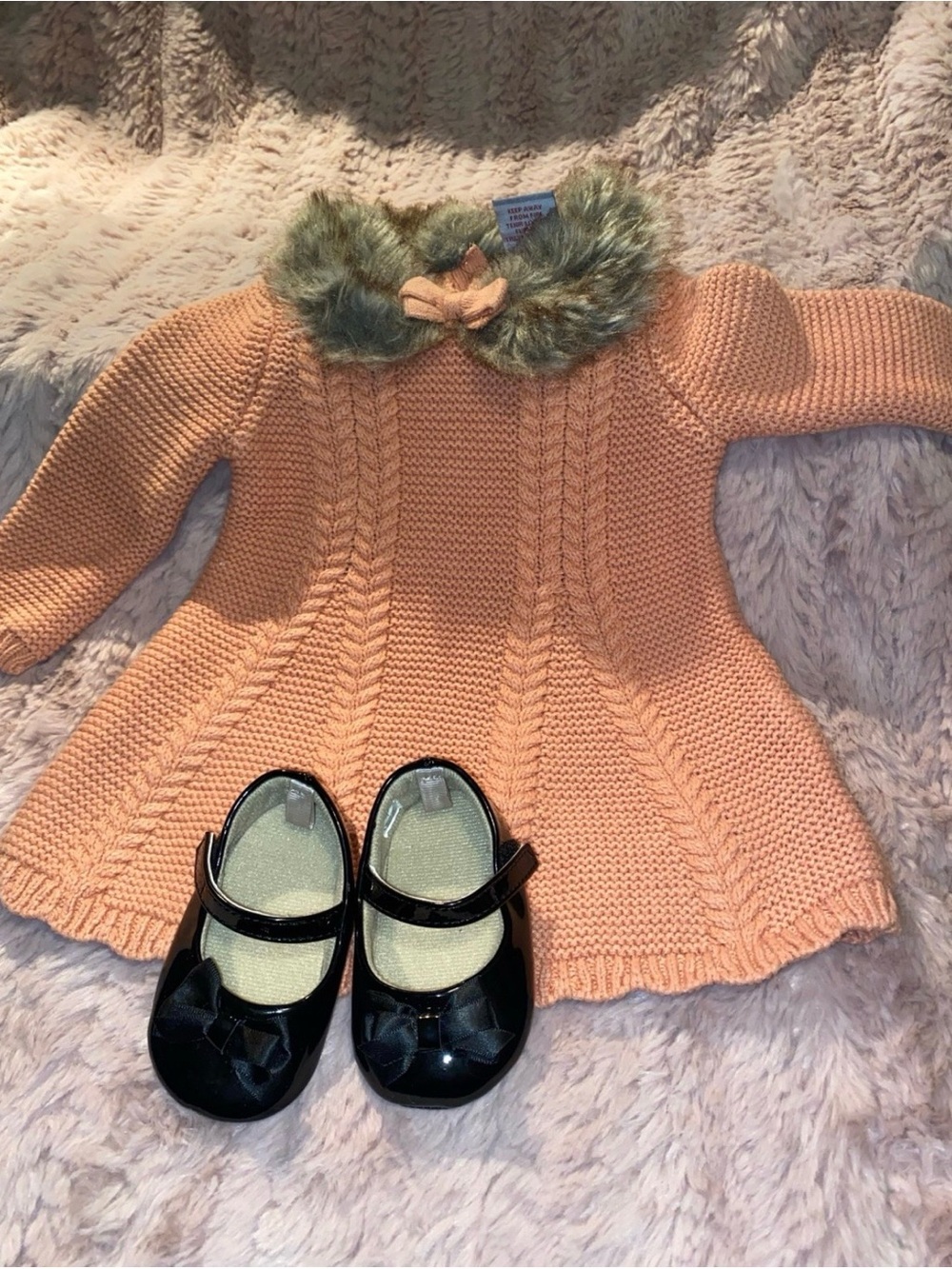 Baby Girl Pink Knit Dress with Fur Collar 3-6 months